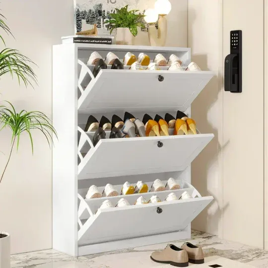 （24-hour delivery+Cash on delivery）Modern White Wooden Shoe Rack with Flip-Top Drawer - Entryway, Hallway, Living Room, Bedroom Storage Rack
