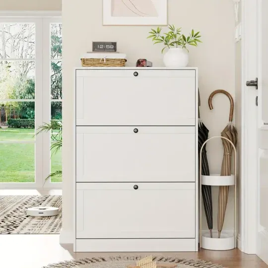 （24-hour delivery+Cash on delivery）Modern White Wooden Shoe Rack with Flip-Top Drawer - Entryway, Hallway, Living Room, Bedroom Storage Rack