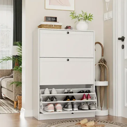 （24-hour delivery+Cash on delivery）Modern White Wooden Shoe Rack with Flip-Top Drawer - Entryway, Hallway, Living Room, Bedroom Storage Rack