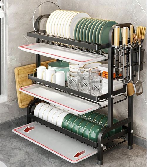 2025 Space-Saving 3-Tier Dish Rack – Large Capacity Kitchen Organizer with Drip Tray & Cutting Board Holder  Black