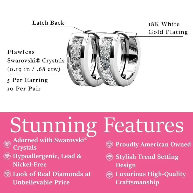 18k White Gold Plated Huggie Hoop Earrings for Women with Simulated Diamond Crystals – Hypoallergenic, Secure Latch Back, Gift Box Included – Single Pair or 3-Pair Sets Offered in White Gold, Yellow Gold, or Rose Gold