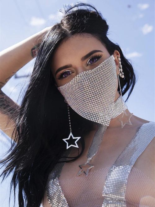 Women's Shiny Rhinestone Earloop Face Cover - Hollow Crystal Mesh Creative Mask Design, Adjustable Loops, Breathable Adult Face Mask with Gems for Rave Events