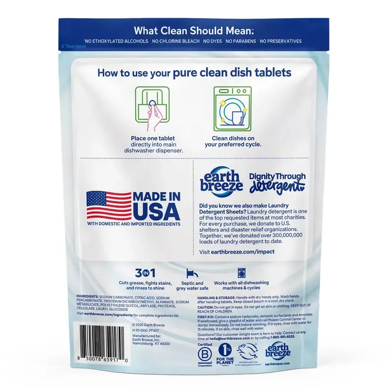 Earth Breeze Dishwasher Detergent Tablets, Free & Clear, 60 Count | 100% Plastic-Free Tablets with No Harsh Chemicals, 3-in-1 Triple Enzyme Formula, Eco-Friendly Dish Washing Pods, HE Safe