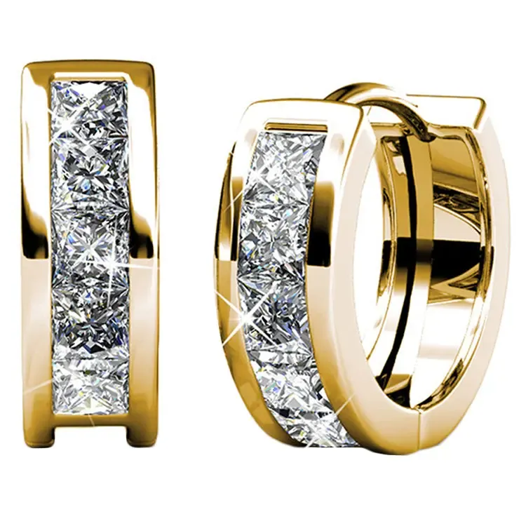 18k White Gold Plated Huggie Hoop Earrings for Women with Simulated Diamond Crystals – Hypoallergenic, Secure Latch Back, Gift Box Included – Single Pair or 3-Pair Sets Offered in White Gold, Yellow Gold, or Rose Gold