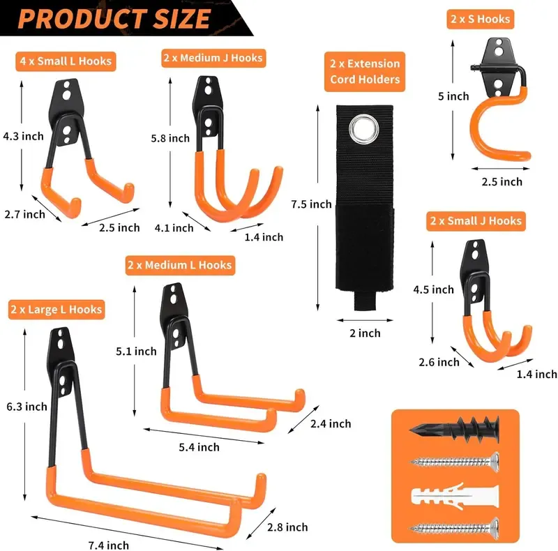 Assorted Steel Heavy-Duty Garage Hooks Bundle - Durable Wall Organiser, Garage Hooks for Hanging, Home Supplies for Him
