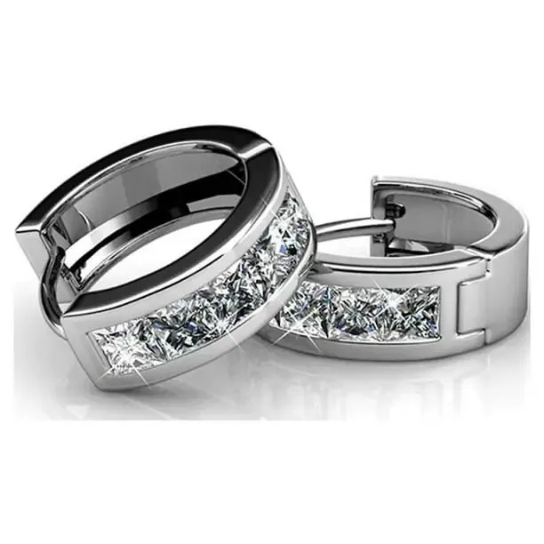 18k White Gold Plated Huggie Hoop Earrings for Women with Simulated Diamond Crystals – Hypoallergenic, Secure Latch Back, Gift Box Included – Single Pair or 3-Pair Sets Offered in White Gold, Yellow Gold, or Rose Gold