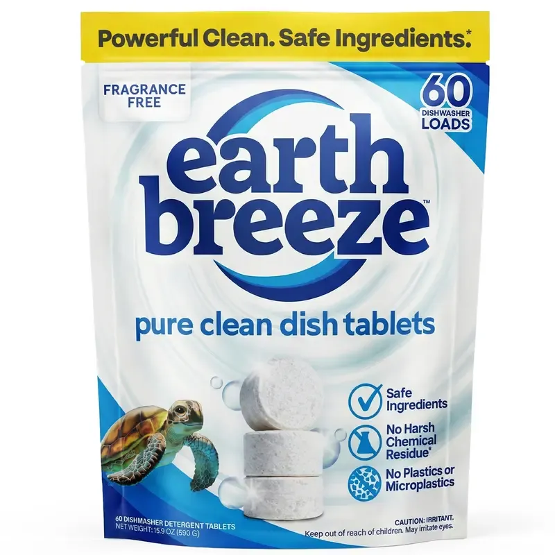 Earth Breeze Dishwasher Detergent Tablets, Free & Clear, 60 Count | 100% Plastic-Free Tablets with No Harsh Chemicals, 3-in-1 Triple Enzyme Formula, Eco-Friendly Dish Washing Pods, HE Safe