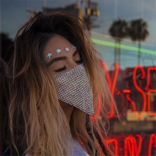 Women's Shiny Rhinestone Earloop Face Cover - Hollow Crystal Mesh Creative Mask Design, Adjustable Loops, Breathable Adult Face Mask with Gems for Rave Events