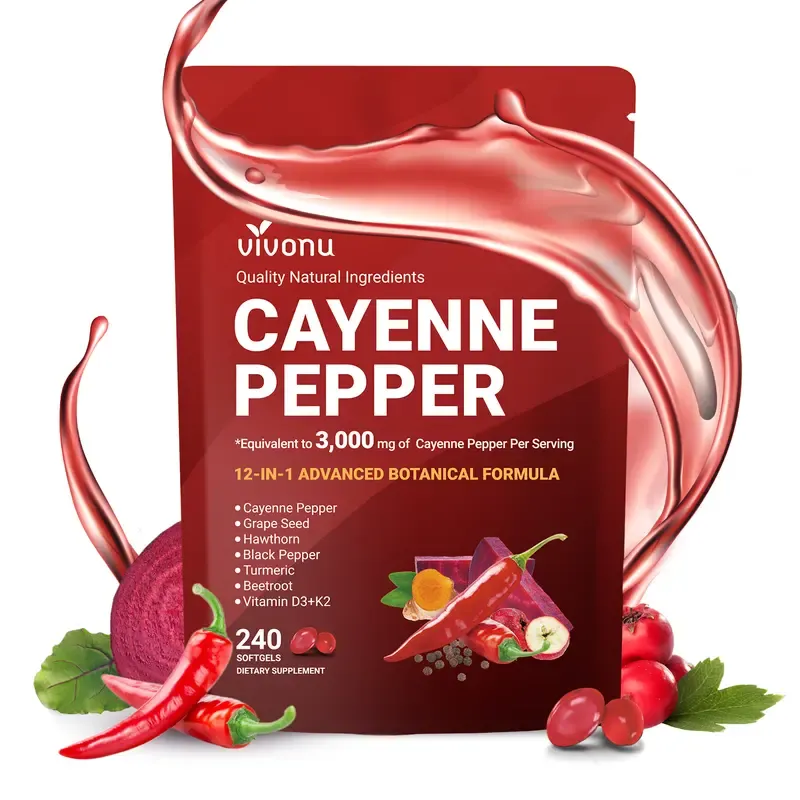 VivoNu Cayenne Pepper Softgels Supplement, Supports Leg Vein, Heart and Blood Vessel Health, with Vitamin E D3+K2 and Extracts of Grape Seed, Hawthorn, Beetroot and Others (240 Softge -1 Bag) SummerVibes