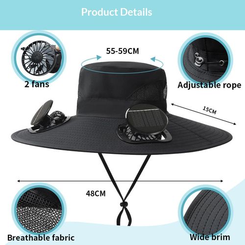 Solar Powered Cooling Hat with Fan, Wide Brim UV Protection Sun Hat for Men Women, Outdoor Fishing Gardening Hiking Cap