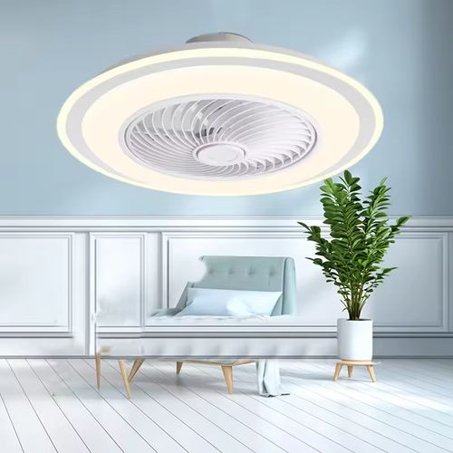 LED ceiling fan with 220V silent AC motor and 3-color LED lights. Comes with remote control.