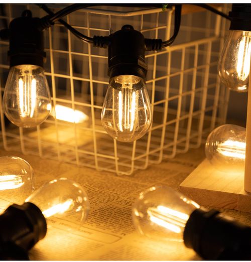 Outdoor String Lights, Patio LED Lights, Length 50ft, 15m Waterproof, Remote Dimmable S14 LED, Porch Lighting, Plastic Hanging Bulbs, Attachable to Backyard Patio, Gazebo Party Use