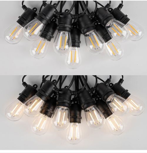 Outdoor String Lights, Patio LED Lights, Length 50ft, 15m Waterproof, Remote Dimmable S14 LED, Porch Lighting, Plastic Hanging Bulbs, Attachable to Backyard Patio, Gazebo Party Use