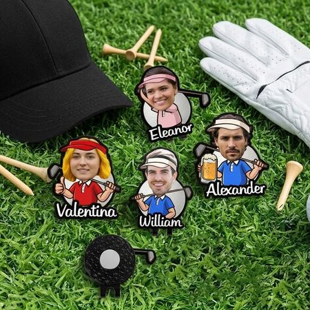 Personlig tegneseriefigur portrætfoto golfboldmarkør magnetisk hatteklips, brugerdefinerbar med navn, perfekt som fødselsdags- eller turneringsgave til golfentusiaster.
