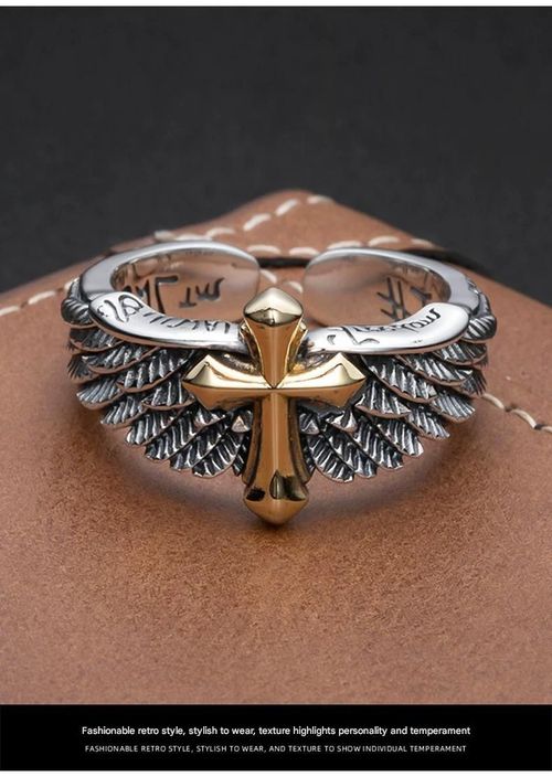 Vintage Distressed Silver-Gold Plated Two-Tone Cross Wing Ring - 3D Open Adjustable Trendy Band with Gift Box