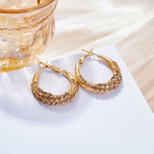 Gold-Tone Double-Row Champagne-Brown Rhinestone Hoop Earrings: Luxe Sparkling Statement Hoops