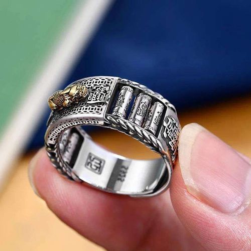 S925 Sterling Silver Two-Tone Rotatable Pixiu Spinner Ring (Engraved Motif Detail)