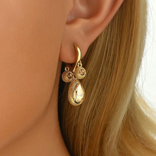 Gold-Tone Textured Durian-Shaped Hoop Earrings with Teardrop Gem Accents