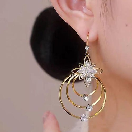 Gold-Tone Five-Petal Crystal Flower Multi-Layer Hoop Earrings