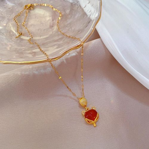 Rose Gold Fox Pendant Necklace: Luminous Red Gemstone with Sparkling Crystal Accents