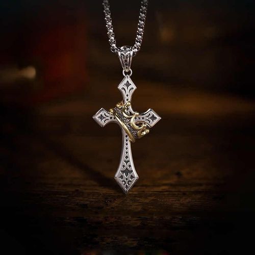 Two-Tone Silver & Gold Cross Necklace with Vintage Crown Accent - Stylish Engraved Fashion Jewelry for Men & Women