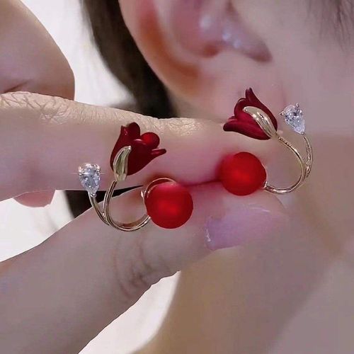 Longer Style Light Luxury Red Micro-Inlaid Zircon Tulip Flower & Pearl Drop Earrings