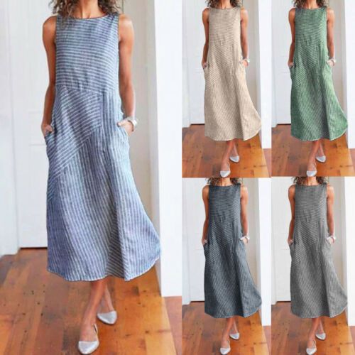 Women Casual Stripe Sleeveless Linen Pocket Summer Beach Midi Dress Kaftan . US