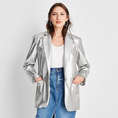 Women's Relaxed Fit Faux Leather Blazer - A New Day Silver S