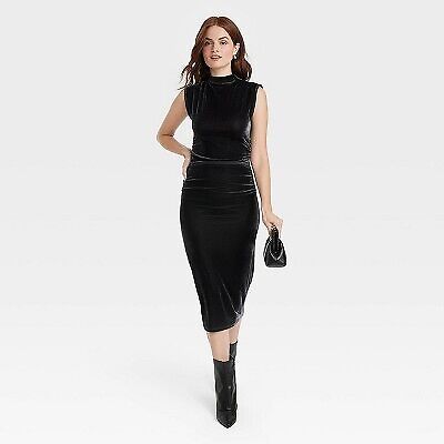 Women's Velour Side Ruched Drapery Bodycon Dress - A New Day Black M