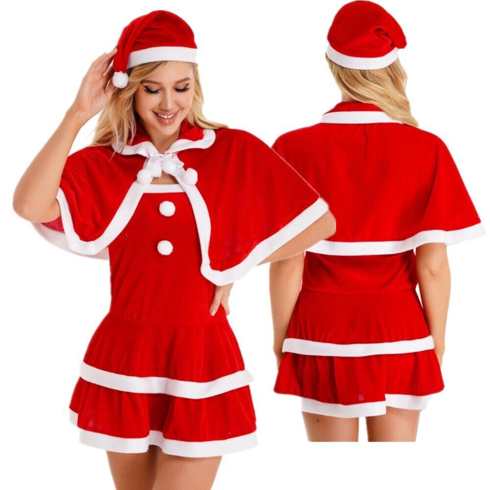 Womens Adult Christmas Xmas Mrs Santa Claus Cosplay Costume Velvet Dress Outfits