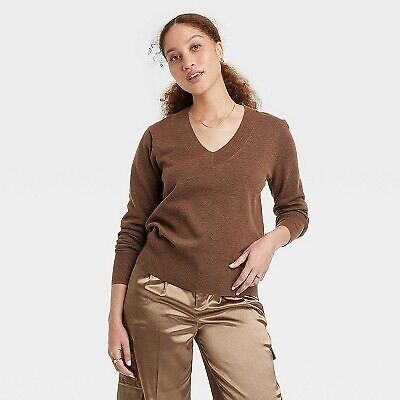 Women's Fine Gauge V-Neck Sweater - A New Day Brown S