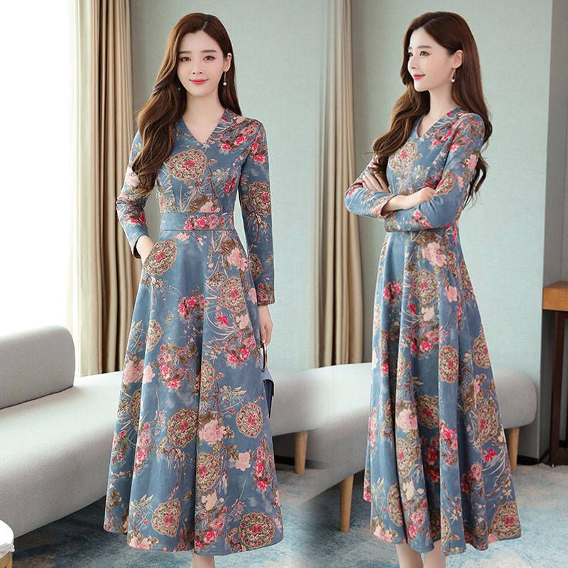 Women V Neck Long Sleeve Casual Party Long Swing Dress Floral A-Line Maxi Dress