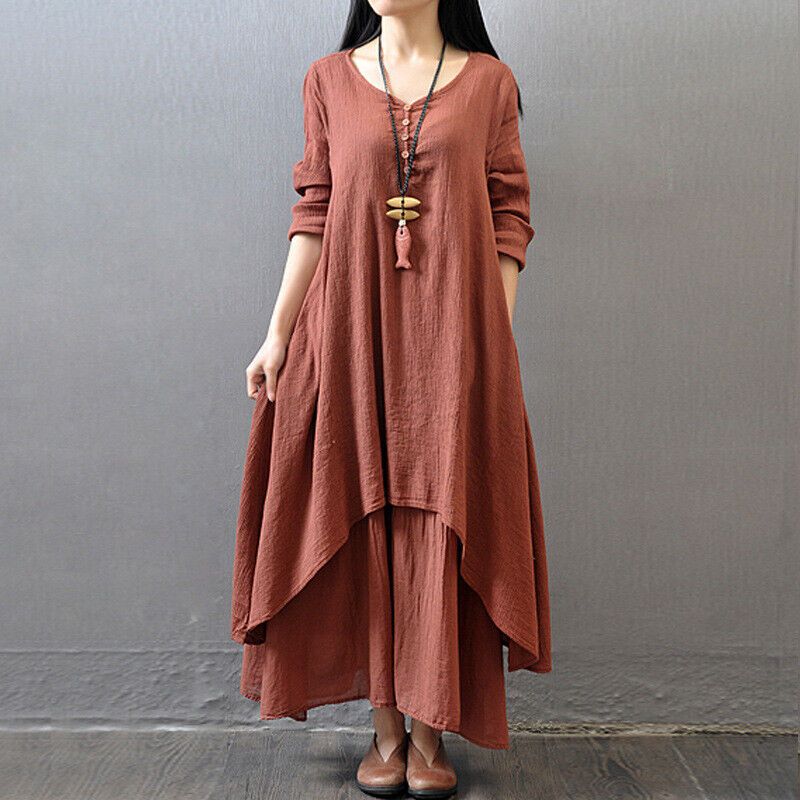 Women Casual Boho Long Sleeve Cotton Linen Maxi Dress Sundress Summer V Neck