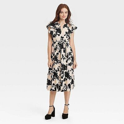 Women's Flutter Short Sleeve Midi Dress - A New Day Beige Black Floral S