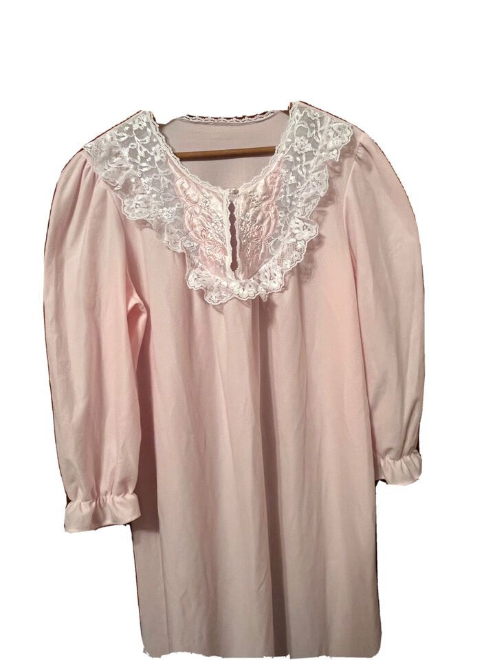 DVF VINTAGE Boho Satin Lace Long Nightgown Sleep Pink Nylon Dress Size Petite