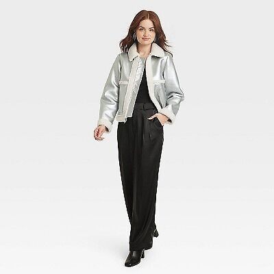 Women's Metallic Shearling Moto Jacket - A New Day Silver L