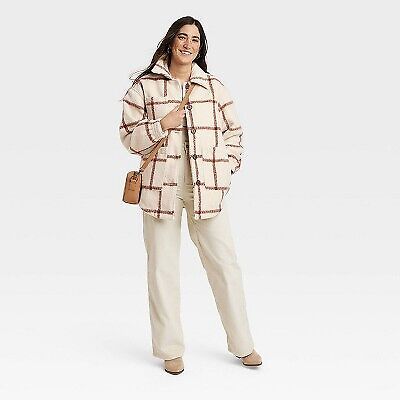 Women's Oversized Quilted Shacket - Universal Thread Cream Plaid XS