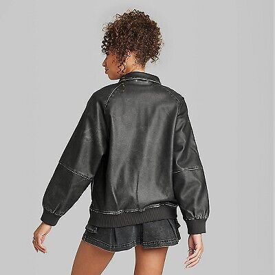 Women's Distressed Faux Leather Bomber Jacket - Wild Fable Black XS