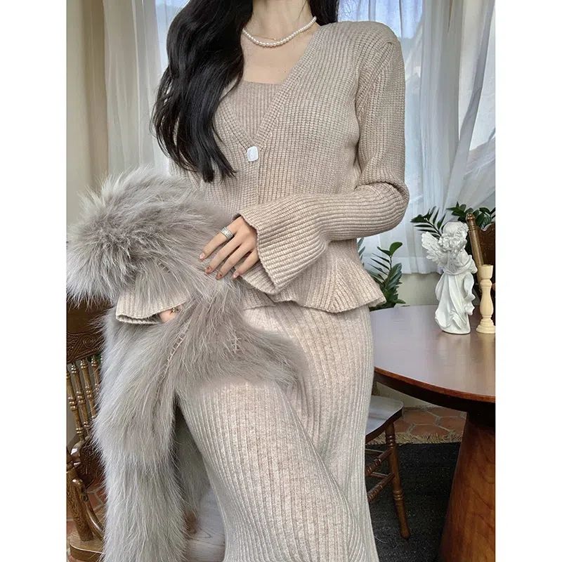 2023 Autumn and Winter Temperament Socialite Xiaoxiang Style Suit Skirt Women's High-end Knitted Top Dress Two-piece Set