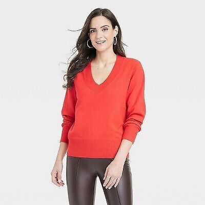 Women's Fine Gauge V-Neck Sweater - A New Day Red S