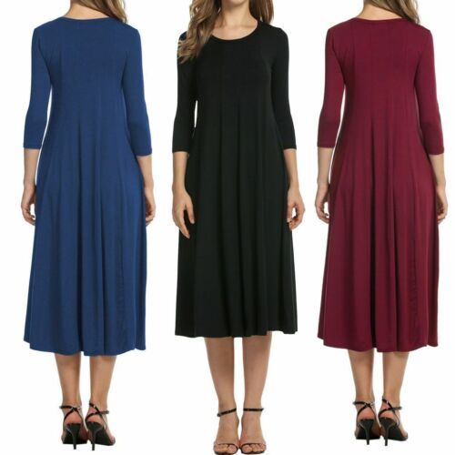 Casual Womens Long Sleeve Plains Long Maxi Dress Swing Skater Midi Dress Plain