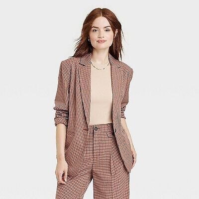 Women's Oversized Fall Blazer - A New Day Brown Plaid M