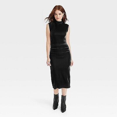 Women's Velour Side Ruched Drapery Bodycon Dress - A New Day Black M