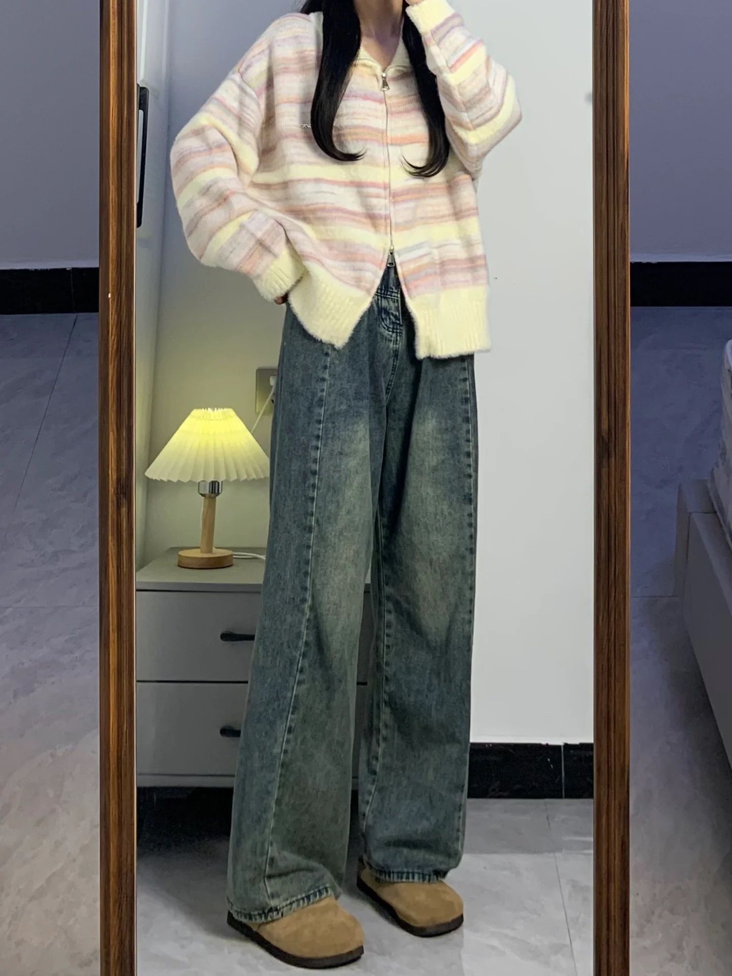 Soft Glutinous Autumn and Winter New Pink Rainbow Stripe Overlay Sweater Cardigan Lazy Style Standing Neck Knit Zipper Coat