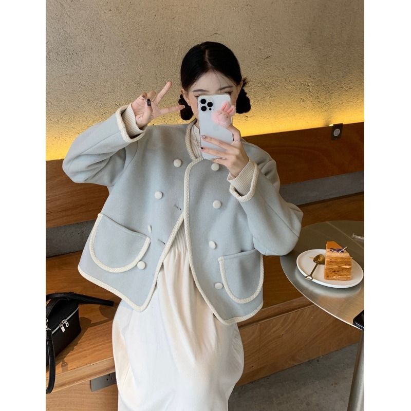 French style small fragrant blue woolen jacket for women's autumn and winter 2023 new high-end loose fitting small cardigan top