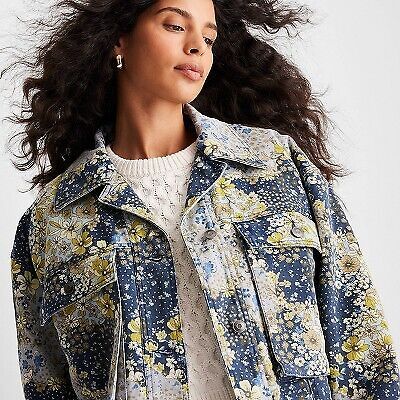 Women's Denim Floral Print Faux Shearling Jacket - Future Collective with Reese