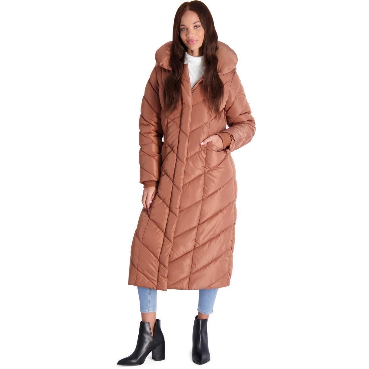 Steve Madden Womens Tan Fleece Lined Quilted Long Coat Outerwear M BHFO 7565