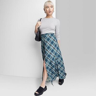 Women's Button-Front Printed Midi Skirt - Wild Fable Blue Plaid S