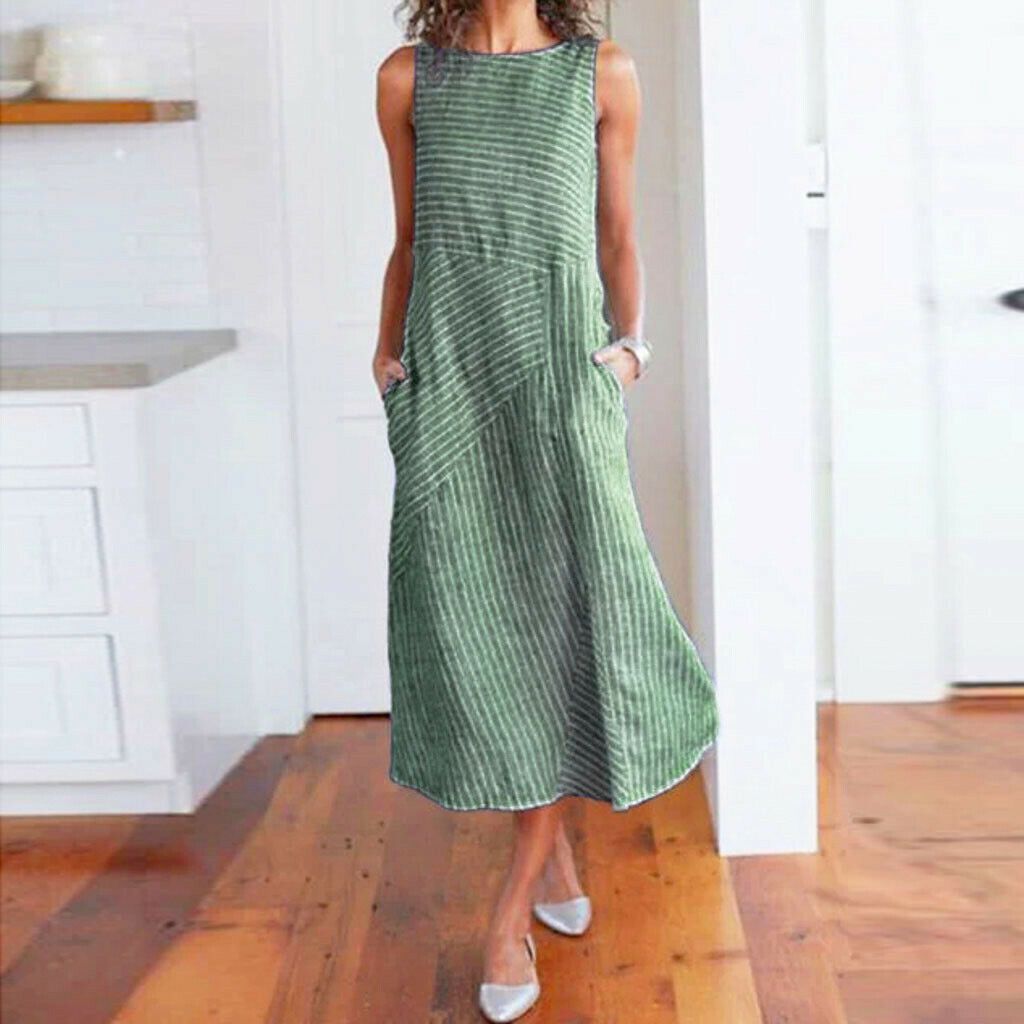 Women Casual Stripe Sleeveless Linen Pocket Summer Beach Midi Dress Kaftan . US