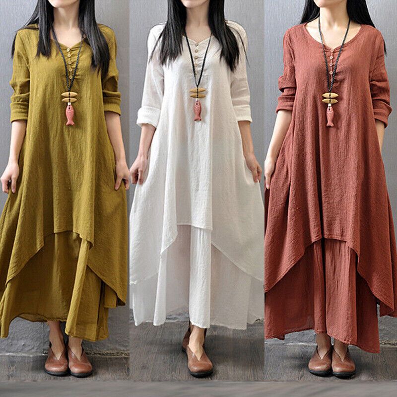 Women Casual Boho Long Sleeve Cotton Linen Maxi Dress Sundress Summer V Neck